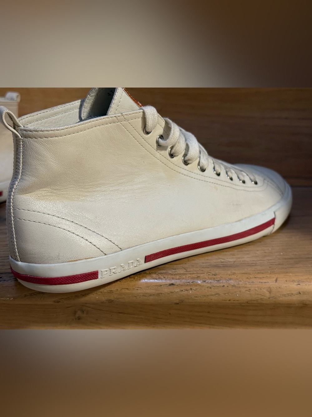 Prada Men’s Linea Rossa Red Tab Leather Mid-top Sneakers (Off-white, 10US) - Picture 7 of 15
